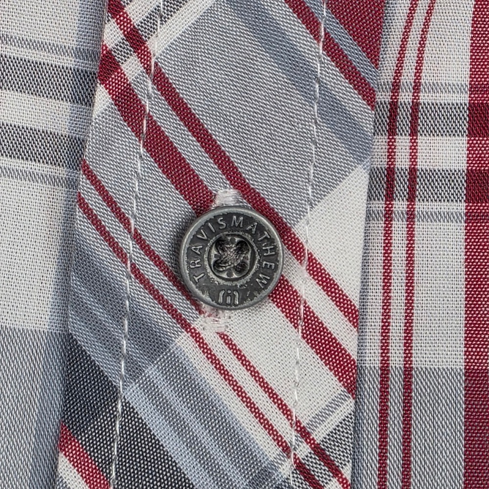 TravisMathew Button Down Shirt Mens Large Red Gray Plaid Short Sleeve Golf - Picture 8 of 12